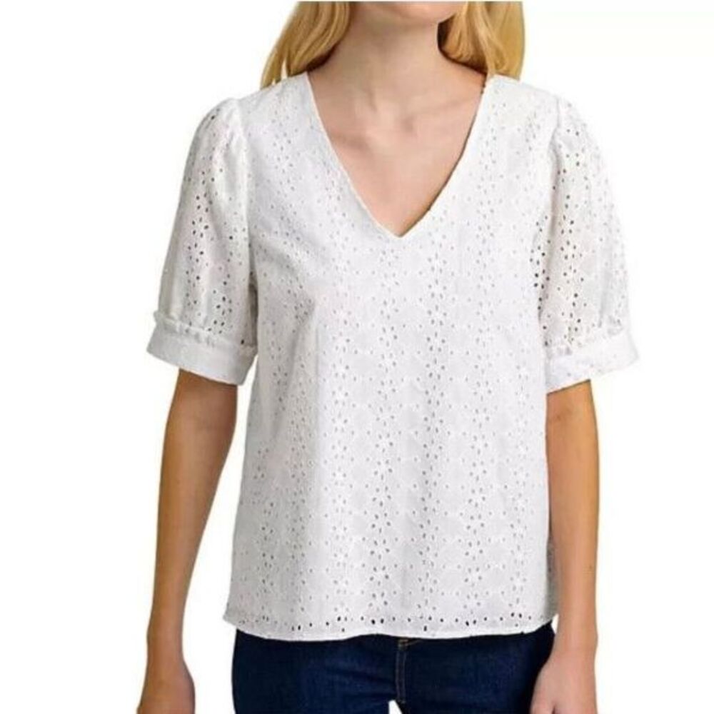 Draper James Women's White Eyelet Lace V-Neck Puffed Short Sleeves Top Size XL